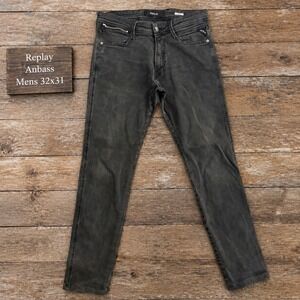 Replay Anbass Slim Fit Jeans Mens 32x31 Faded Black Denim Zipper Detail
